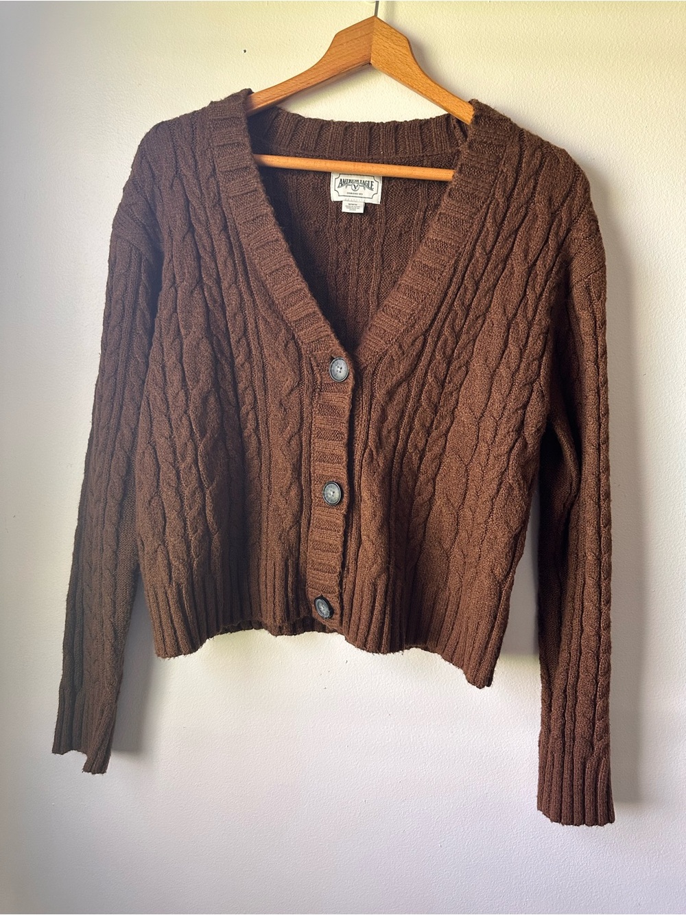 American Eagle Outfitters Brown Cable Knit V-Neck Button Cardigan